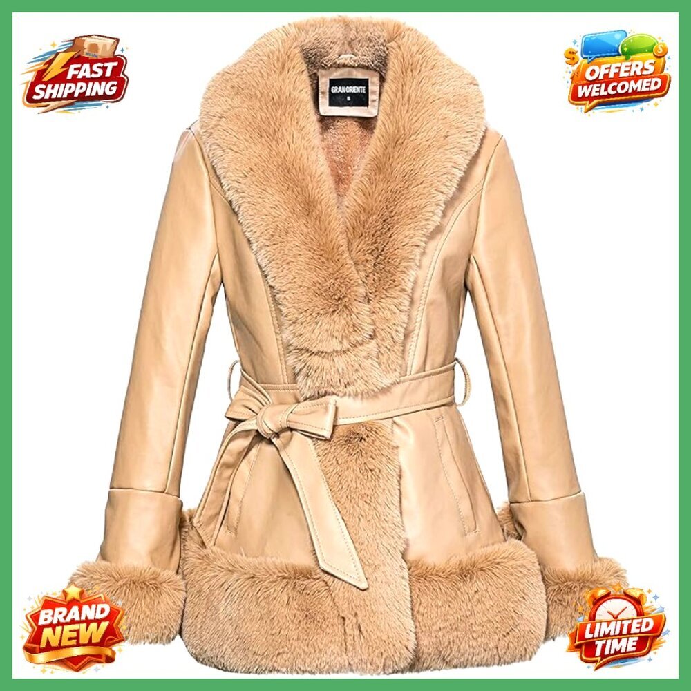Faux Leather Jacket with Faux Fur Collar, Peplum Parka Coat with Belt, Size M